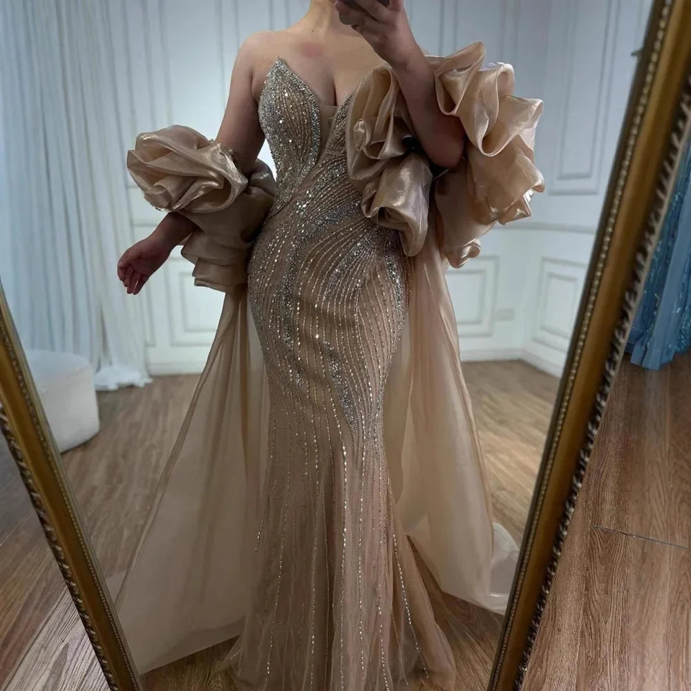 Luxury Red Strapless Mermaid Evening Dress with Cape LA72896