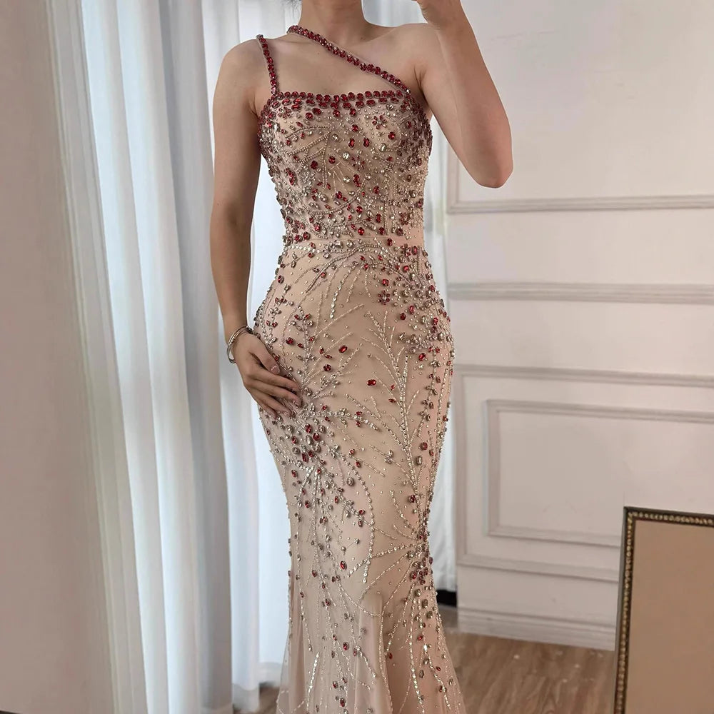 Luxury Red Saudi Arabic Crystal Beaded One Shoulder Evening Dress LA73135