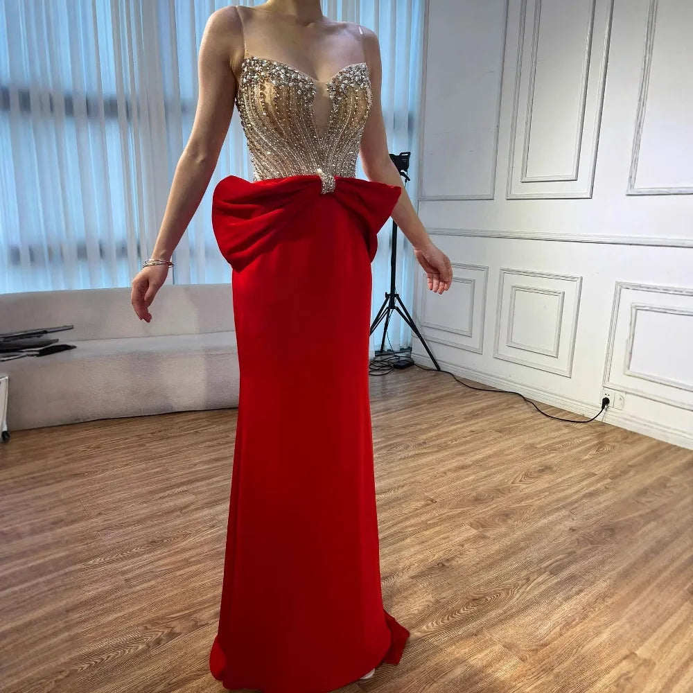 Designer Red Satin Evening Dress with Bow LA73060