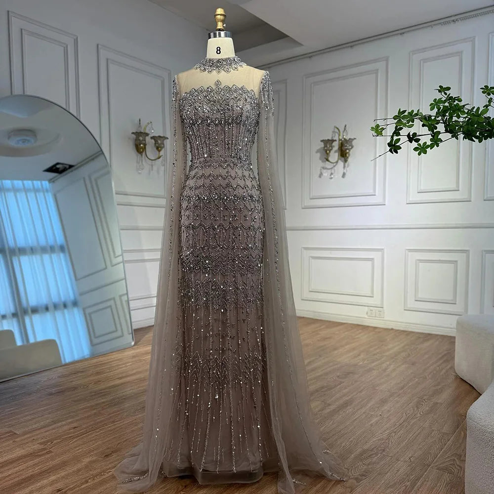 Luxury Nude Beaded Evening Dress with Long Cape Sleeves LA72714A