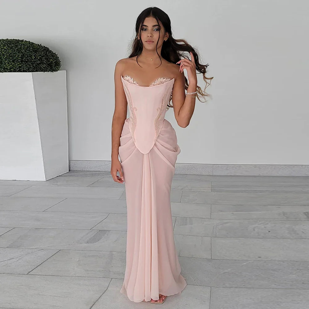 Luxury Pink Handmade Chiffon Mermaid Evening Gown Corset LA72946
