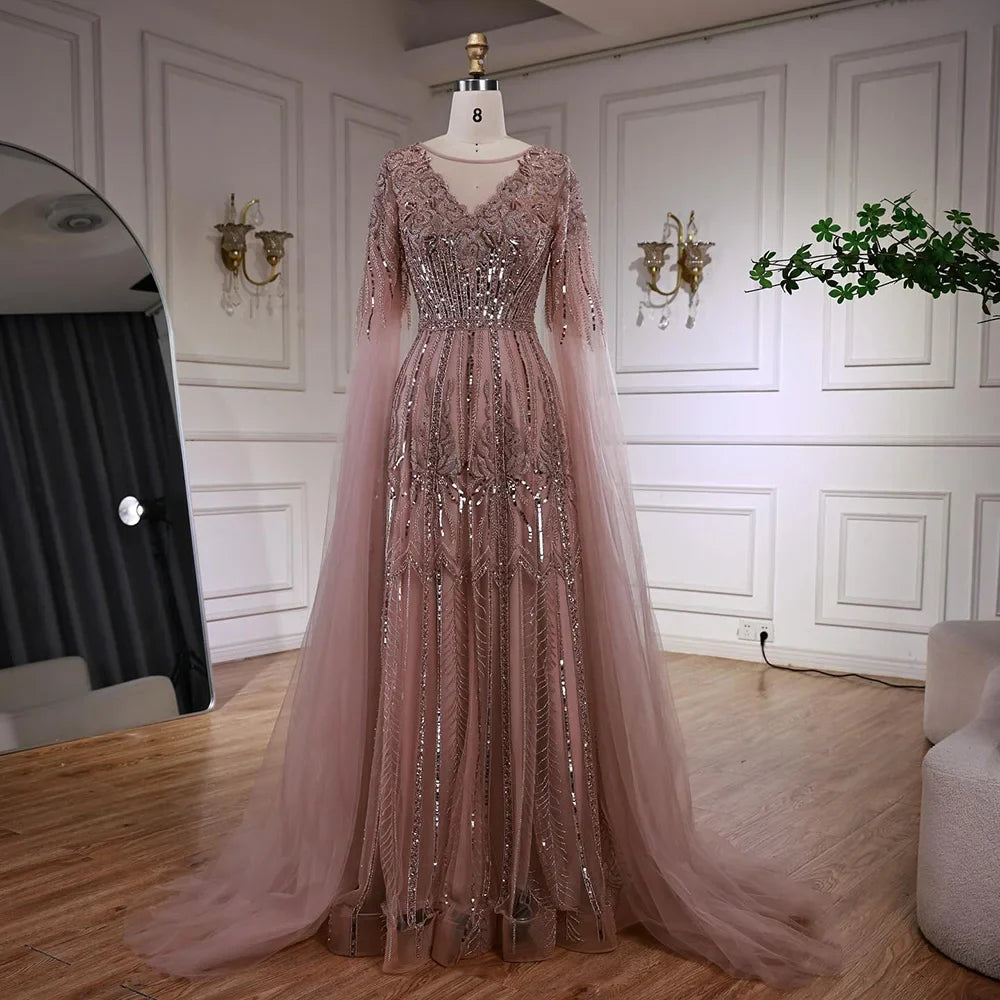 Elegant Beaded A-Line Evening Dress with Cape Sleeves LA73056