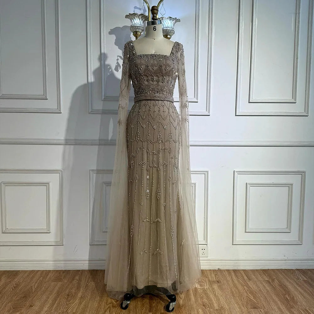 Luxury Arabic Caramel Beaded Evening Dress with Cape Sleeves LA72966A