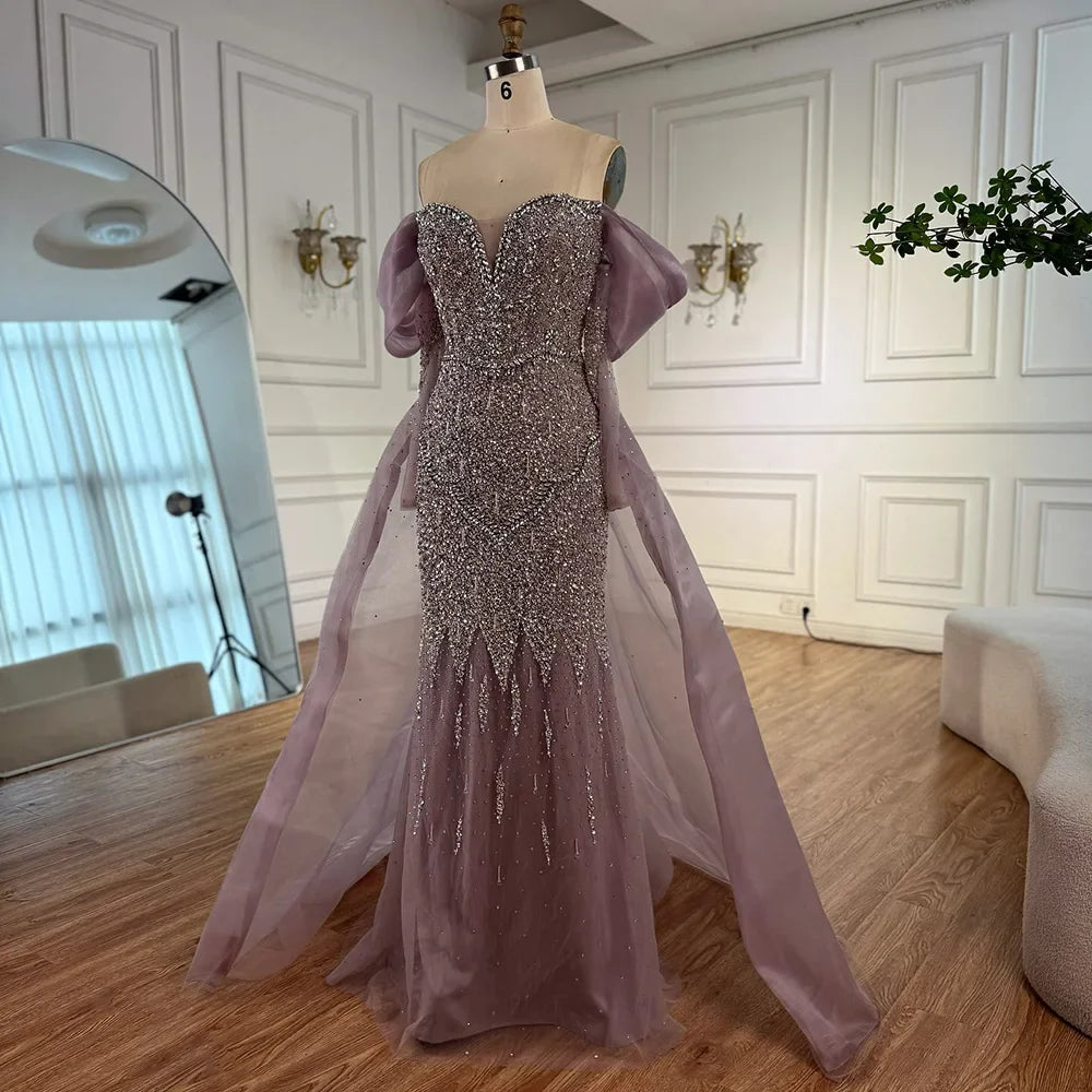 Luxury Nude Beaded Mermaid Evening Dress With Overskirt LA72879