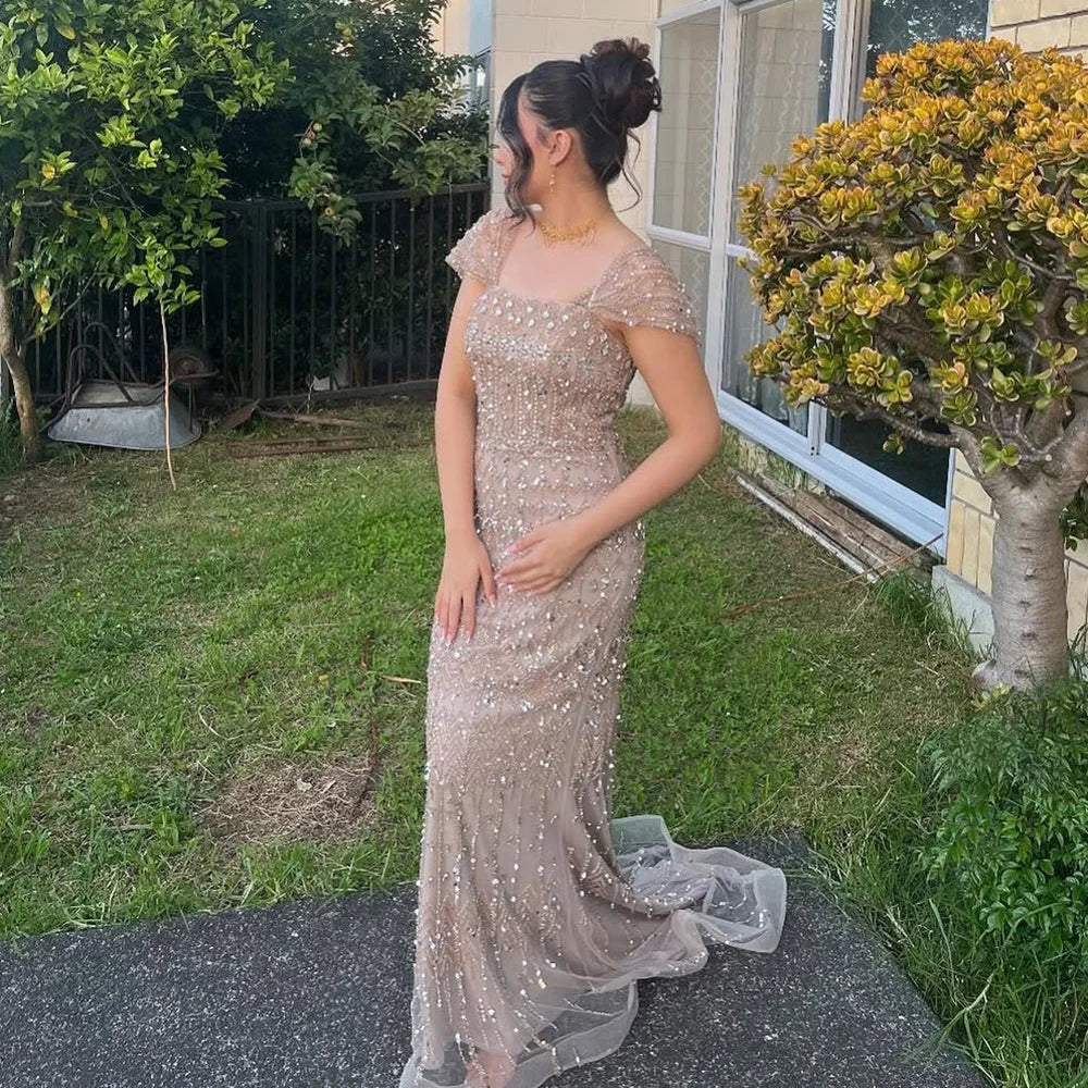 Luxury White Mermaid Beaded Evening Dress with Short Sleeves LA72714