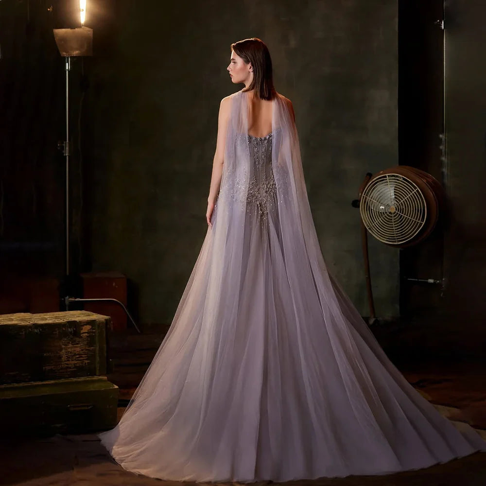Luxury Dubai Arabic Lilac A-Line Beaded Evening Dresses Gowns for Formal Occasion LA72832