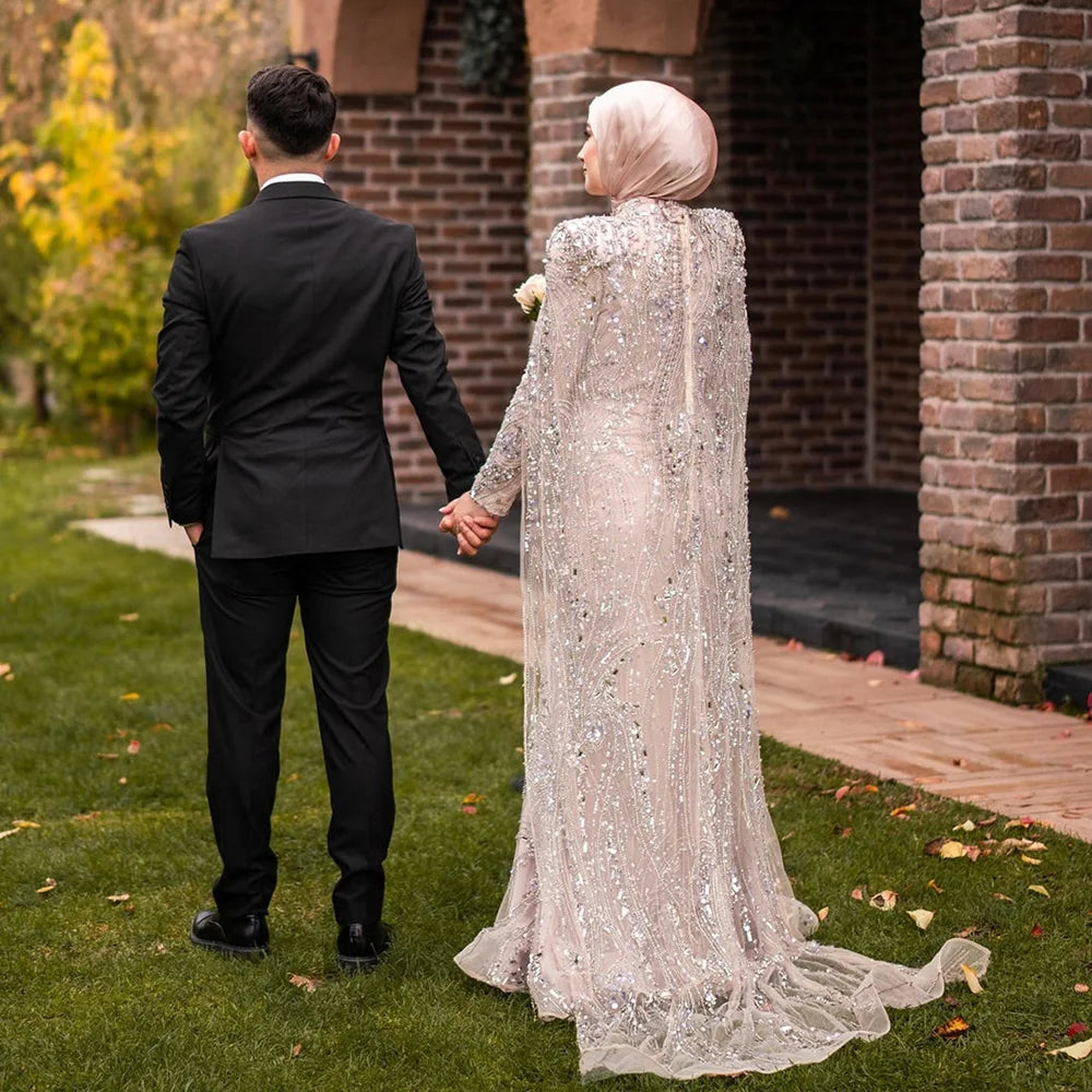 Luxury Silver High Neck Long Sleeve Evening Dress for Formal LA73116