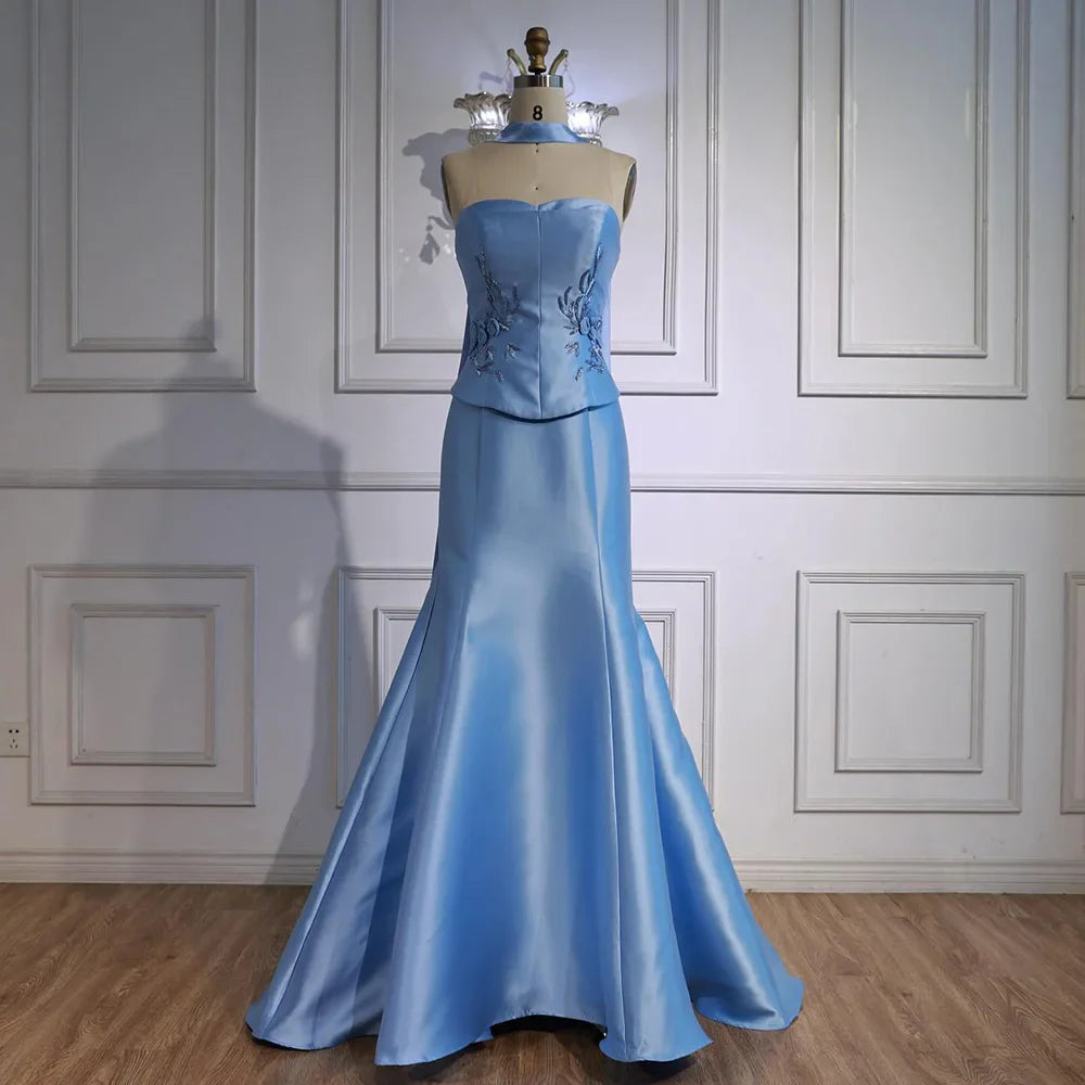 Luxury Blue Satin Mermaid Evening Dress with Long Scarf LA72831