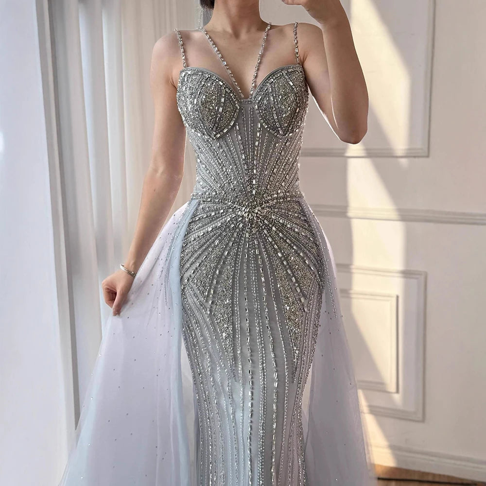 Luxury Nude Spaghetti Strap Mermaid Evening Dress with Overskirt Beaded LA73090