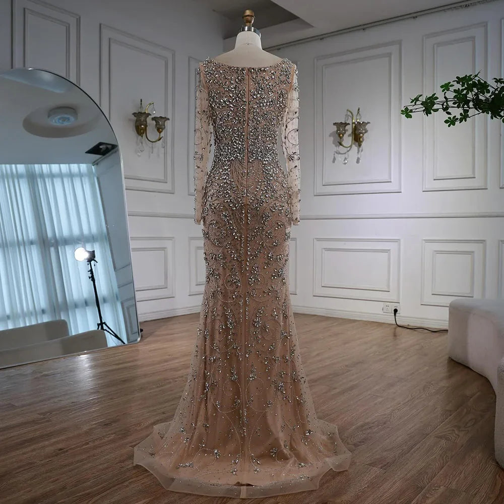 Luxury Nude Beaded Crystal Evening Dress with Long Sleeves LA73042