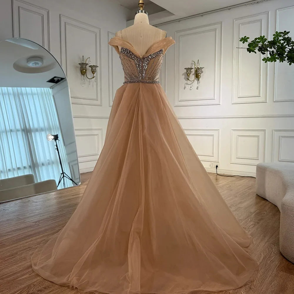 Luxury Nude Beaded Mermaid Evening Dress with Overskirt and Slit LA73034