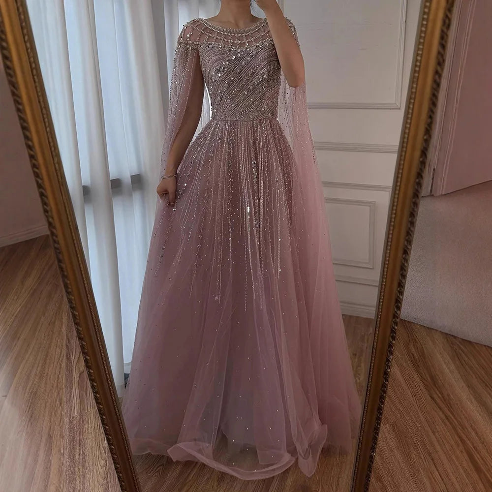 Luxury Caramel Beaded Evening Dress with Cape LA72994