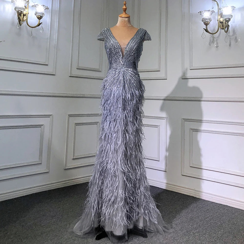 Brown Mermaid Elegant Luxury Beaded Evening Dress Gown with Feathers LA70801