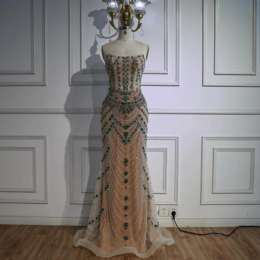 Luxury Green Beaded Saudi Arabic Evening Gown for Formal Occasion LA72842