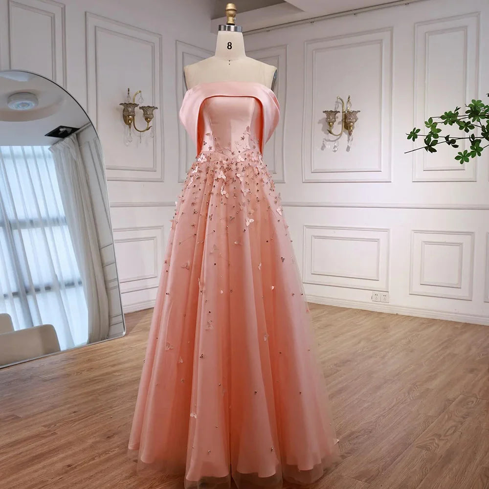 Arabia Peach Off the Shoulder A Line Satin Appliques Evening Dress Gown LA72830