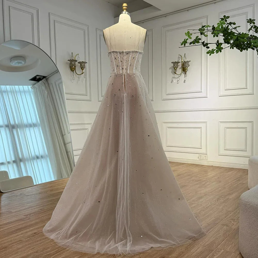 Luxury White Nude Beaded Evening Dress with Overskirt LA73107