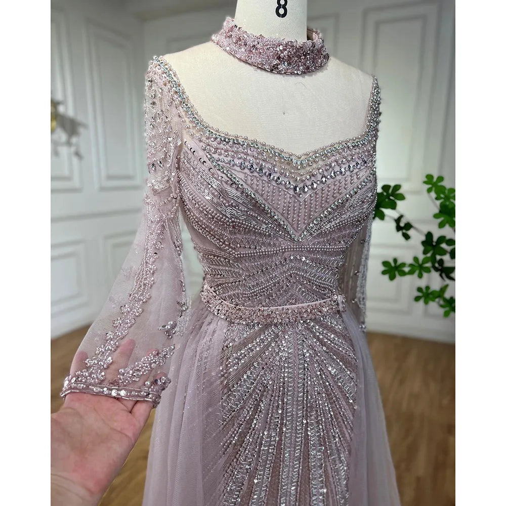Luxury Nude Modest Beaded Tassel Mermaid Evening Dress LA71533