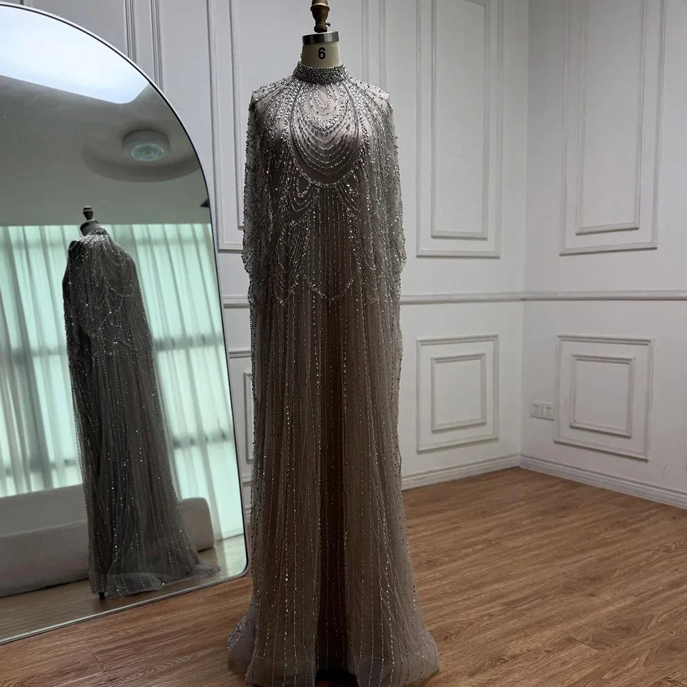 Luxury Silver Nude Beaded Mermaid Evening Dress with Cape LA72484A