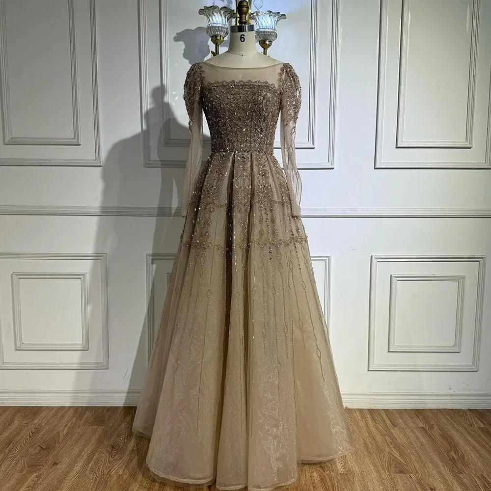 Luxury Caramel A-Line Beaded Evening Dress with Long Sleeves LA73077