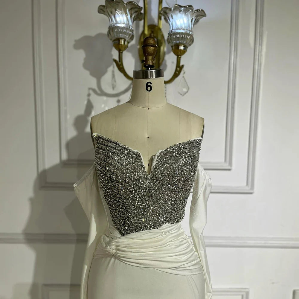 Luxury Dubai Elegant White Arabic Evening Gown with Crystal Beaded Dress and Gloves for Formal Occasion LA72758