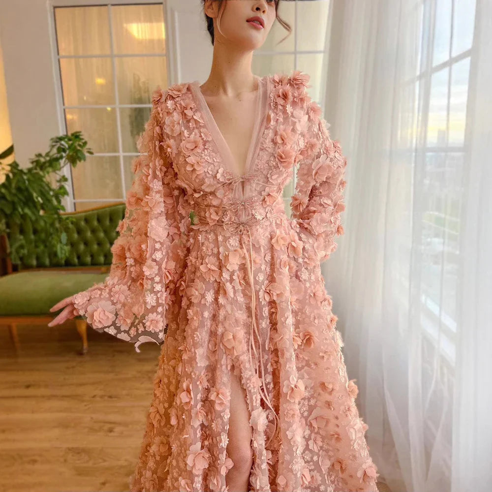 Blush Peach-Pink 3D Flowers Evening Dresses with Bell Long Sleeves LA72960