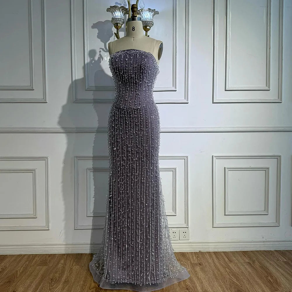 Elegant Crystal Beaded Strapless Lilac Mermaid Evening Gown LA72950
