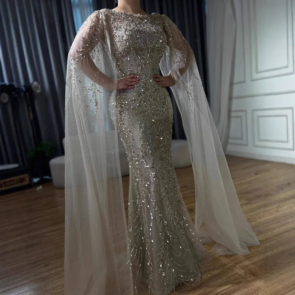 Luxury Caramel Beaded Evening Dress with Cape Sleeves LA73078