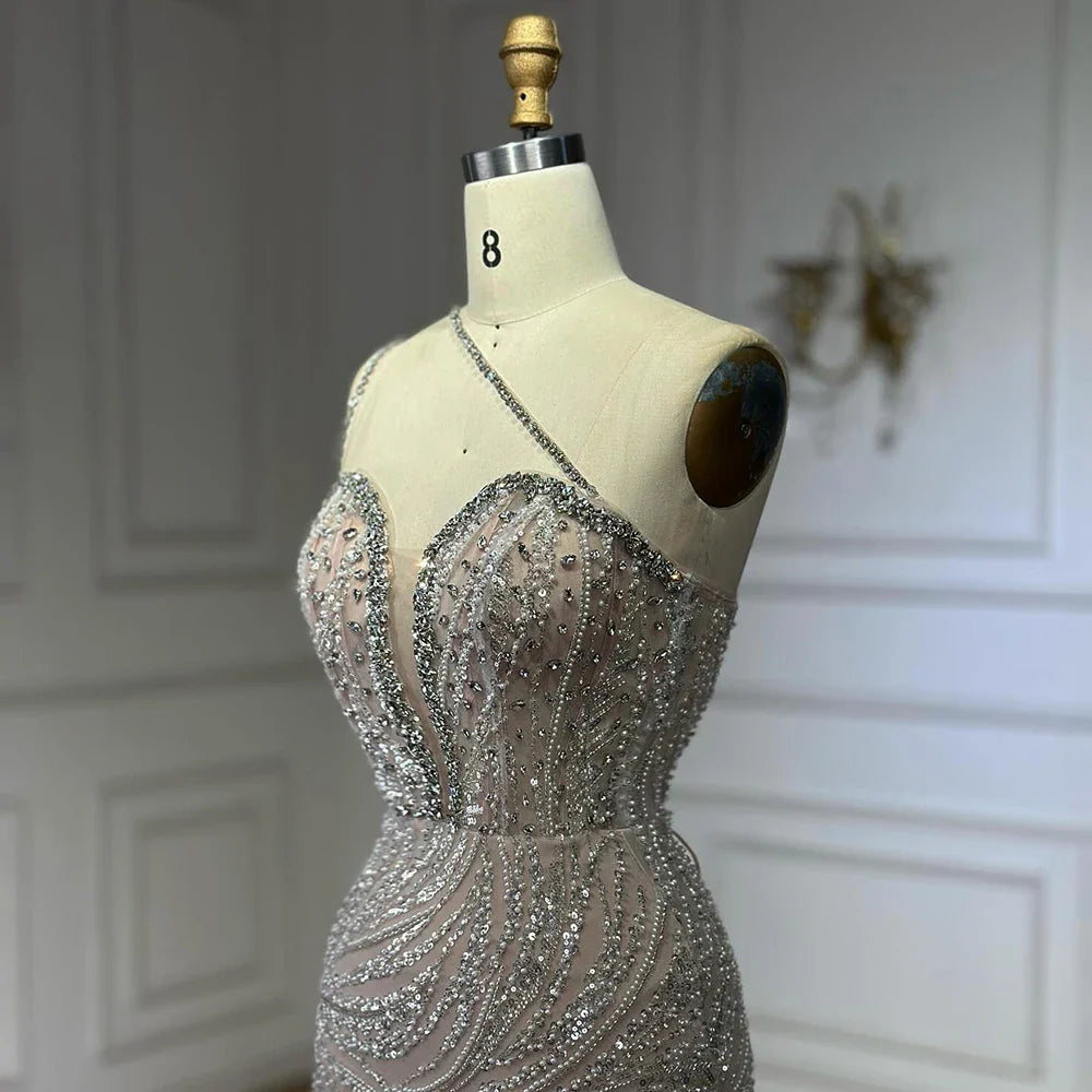 Luxury Dubai Nude Beaded One-Shoulder Evening Gown with Crystal for Formal Occasion LA72872