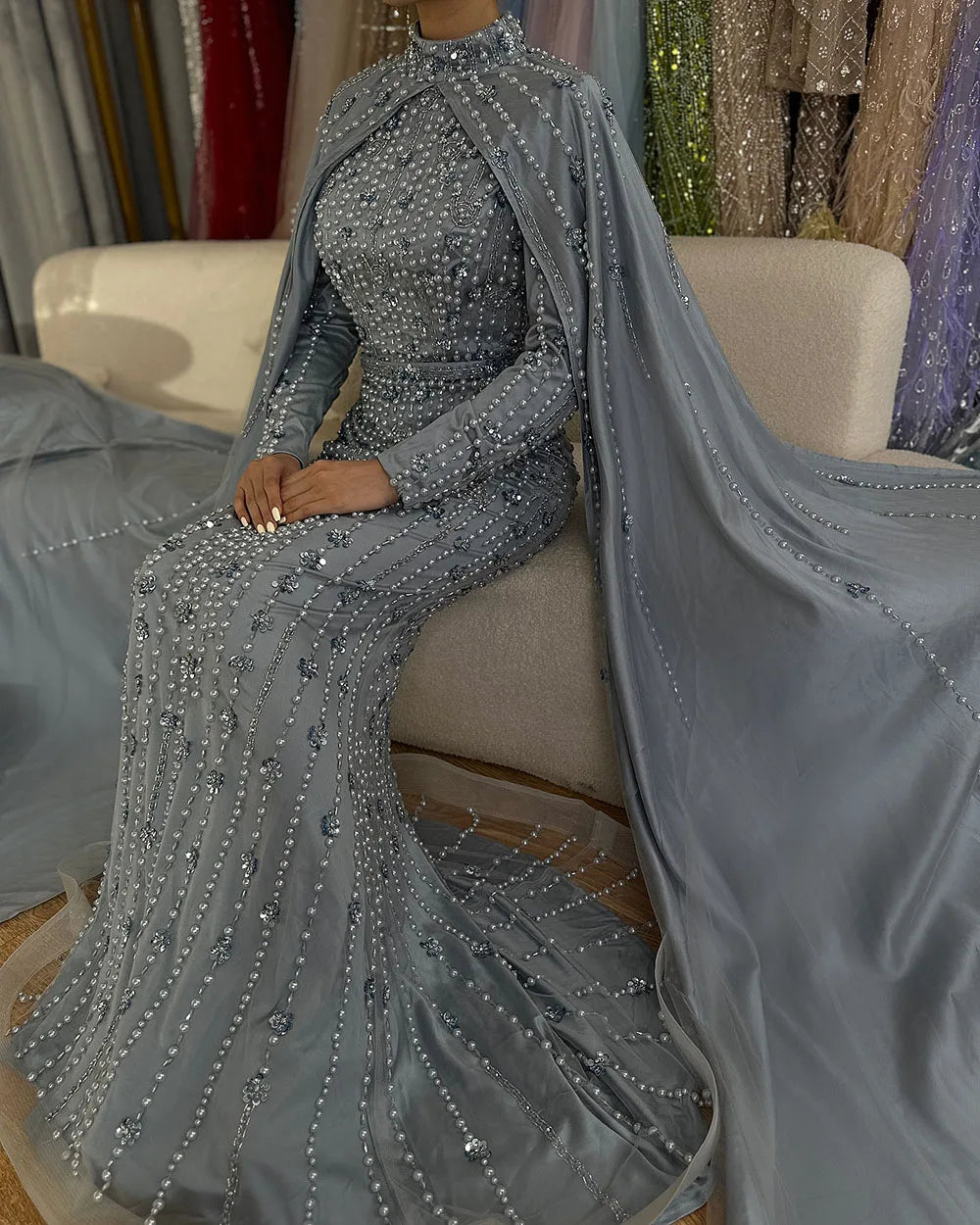 Modest Blue Muslim Beaded Evening Gown with Cape Sleeves LA72533