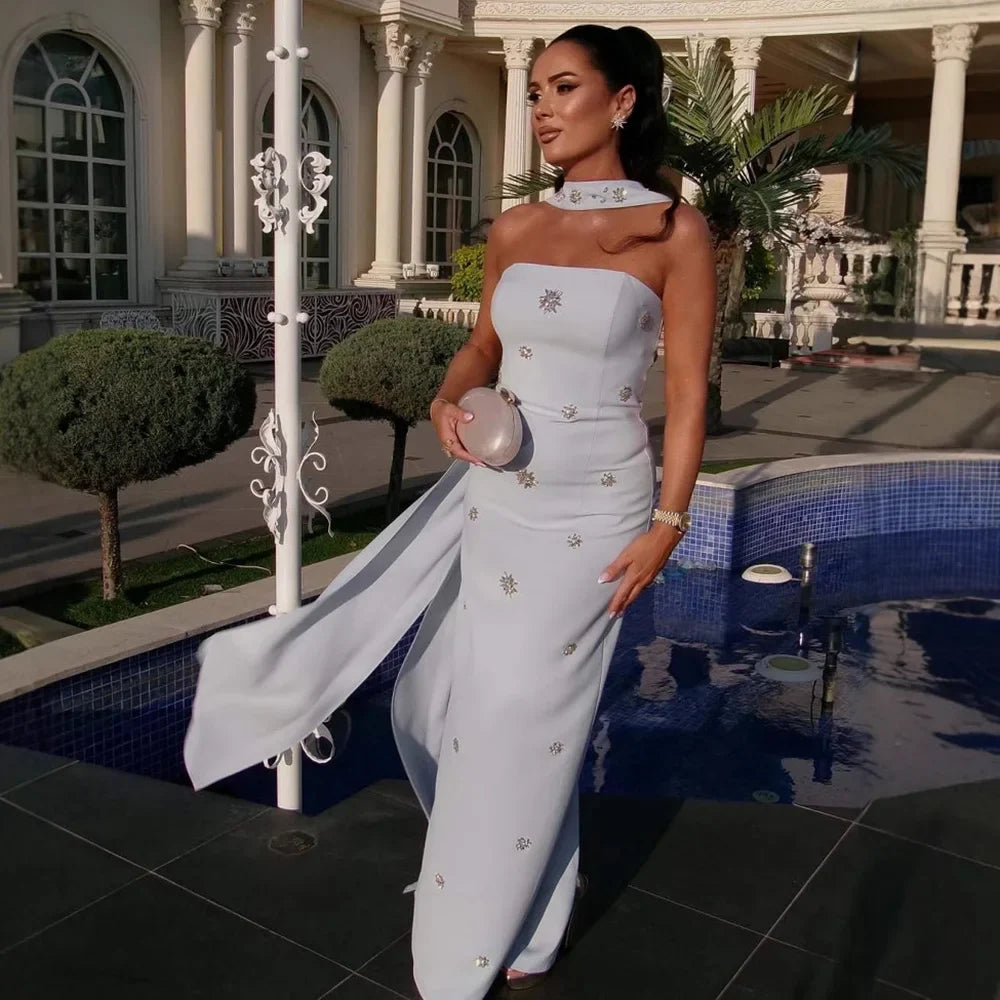 Luxury Blue Arabic Mermaid Crystal Evening Dress with Cape LA73100