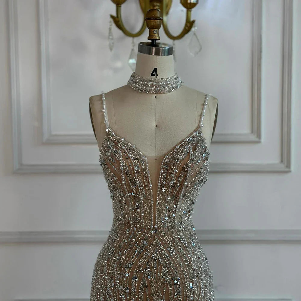 White Nude Beaded Evening Dress with Spaghetti Straps LA72047D