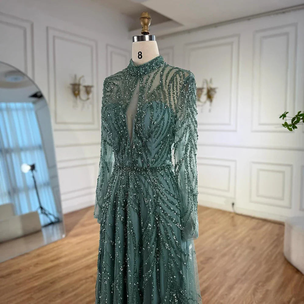 Elegant High Neck A-Line Beaded Evening Dress LA71682A