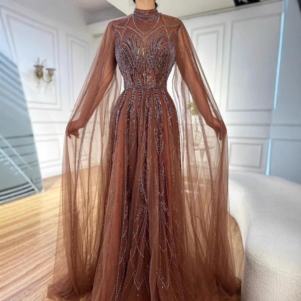 Luxury Brown Beaded Evening Gown with Cape Arabic Style LA72951