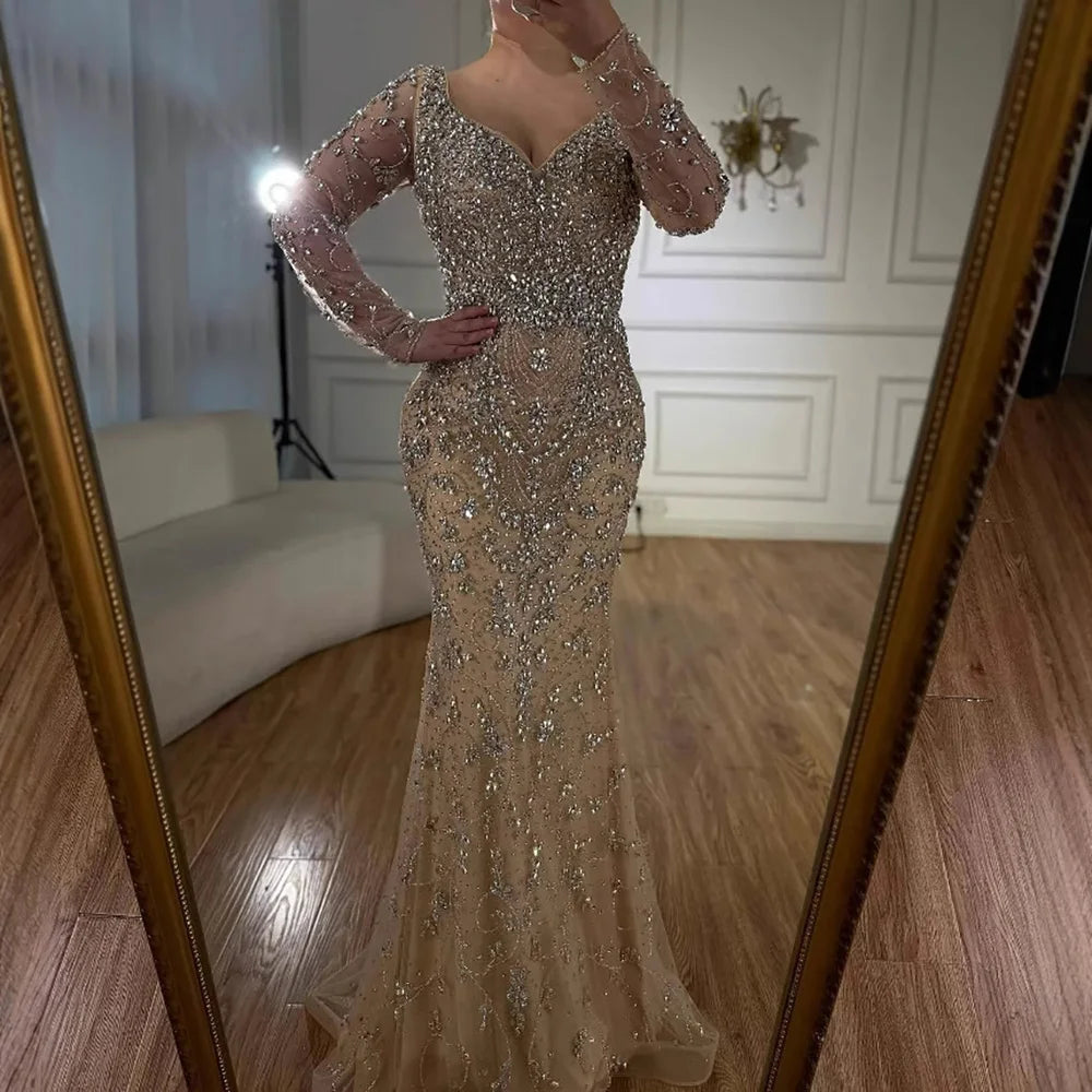 Luxury Nude Beaded Crystal Evening Dress with Long Sleeves LA73042