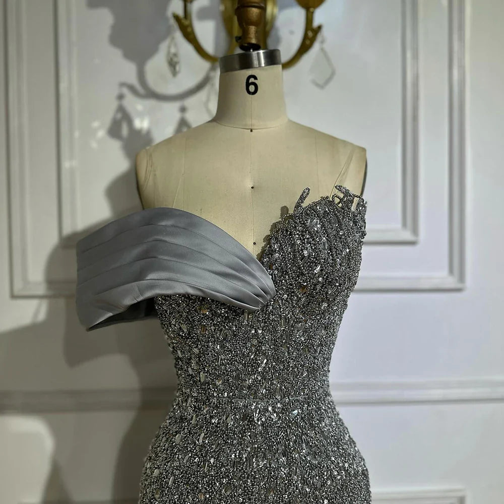 Luxury Dubai Arabic Green Mermaid Elegant One Shoulder Beaded Long Evening Dresses Gowns for Formal Occasion LA72650