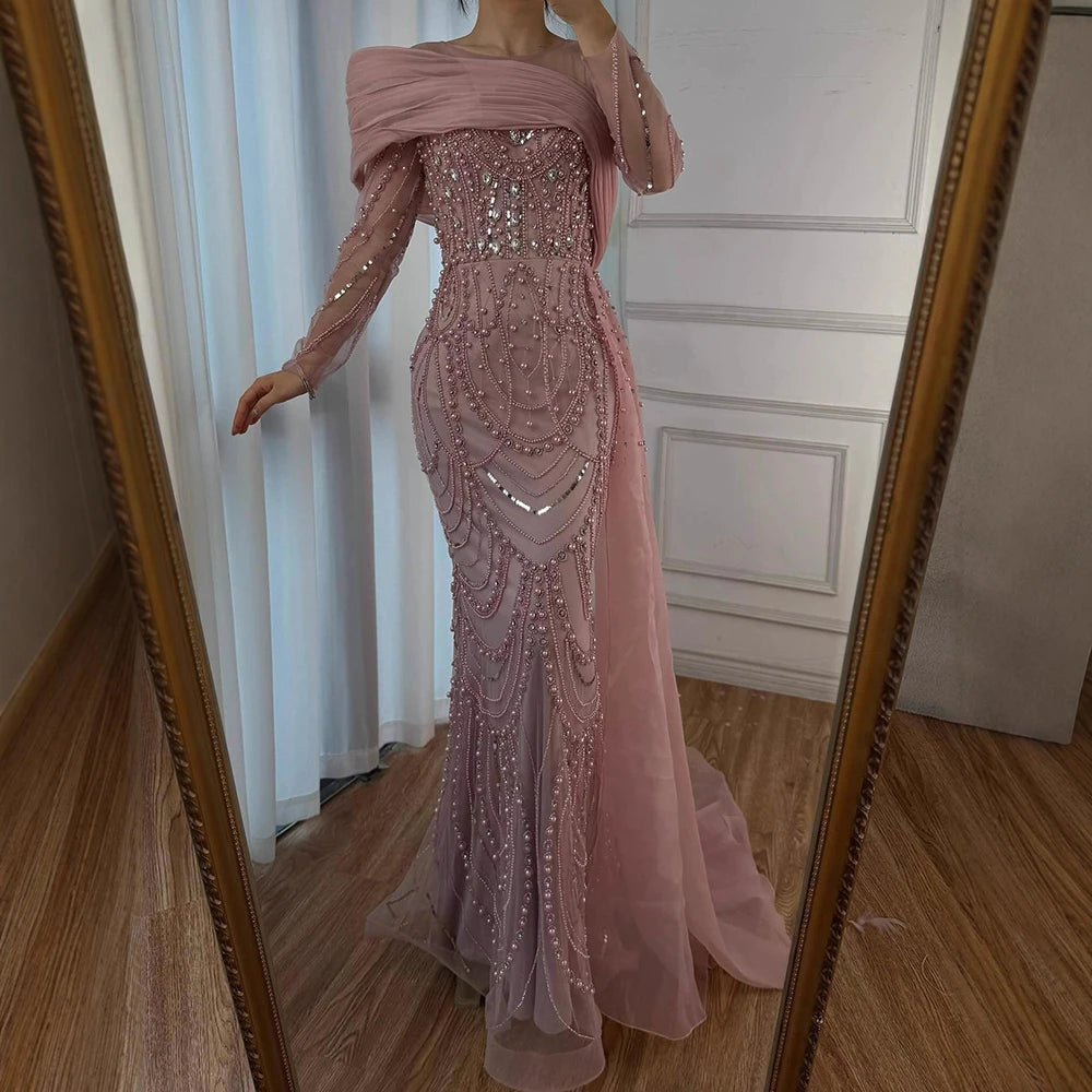 Luxury Designer Nude Crystal Mermaid Evening Dress with Overskirt LA72348