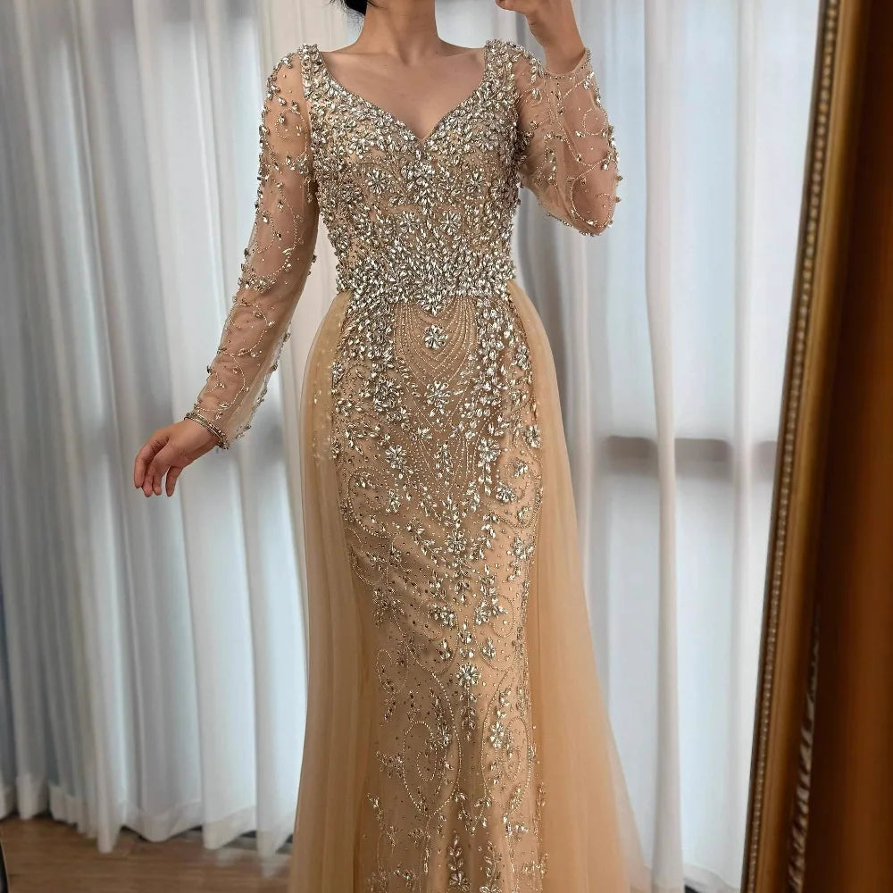 Luxury Nude Beaded Mermaid Evening Dress with Overskirt LA73042A