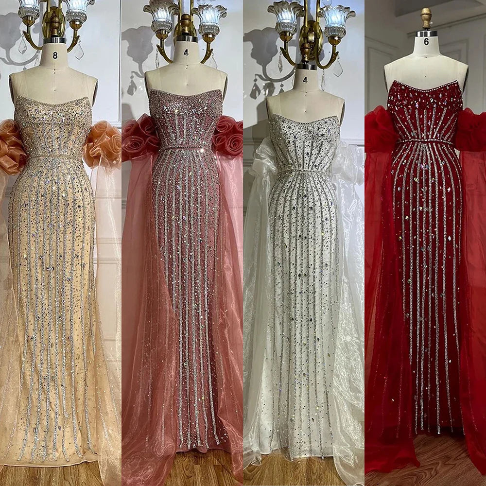 Luxury Pink Beaded Mermaid Evening Dress with Puff Sleeves LA72569