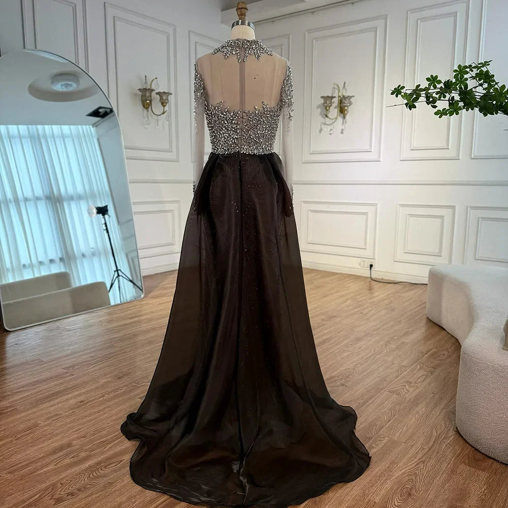 Silver Nude Beaded Long Sleeve Arabic Evening Dress LA72769A