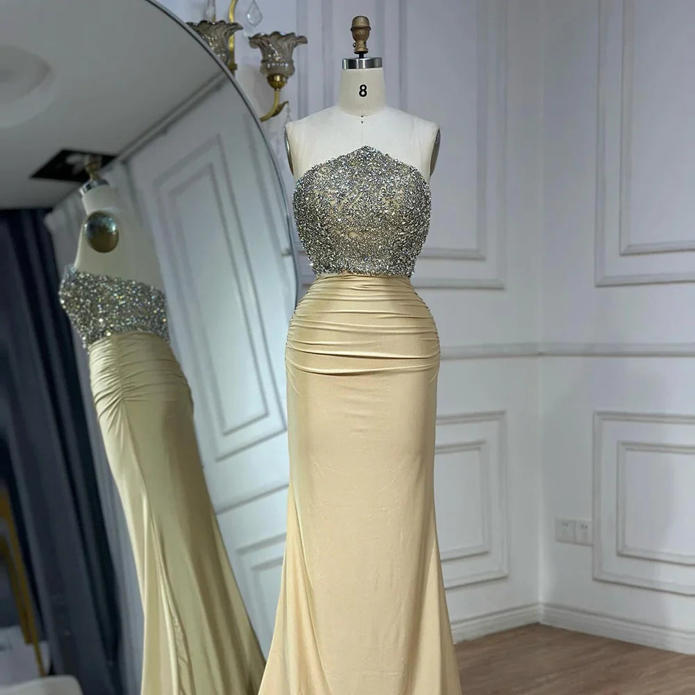 Luxury Dubai Saudi Arabic Gold Elegant Evening Gown Crystal Beaded Dress for Formal Occasion LA72759