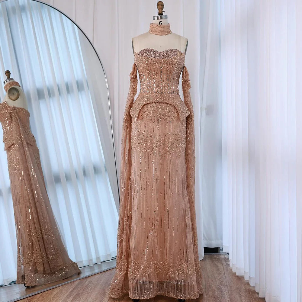 Luxury Gray Beaded Off-Shoulder Evening Dress with Cape Sleeves LA73076