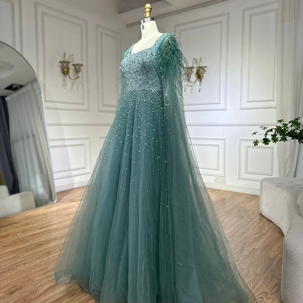 Luxury Blue A-Line Feathers Beaded Evening Dress with Cape Sleeves LA71782A