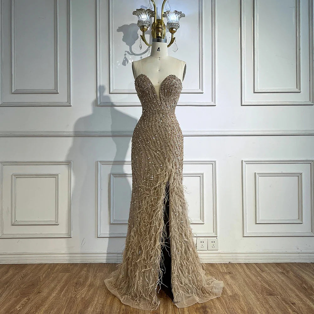Luxury Blue Feather Beaded Evening Dress with Side Skirt LA72695
