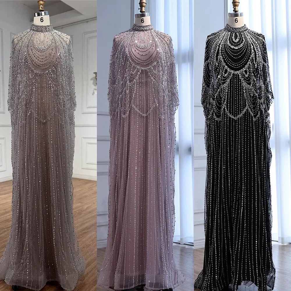 Luxury Silver Nude Beaded Mermaid Evening Dress with Cape LA72484A