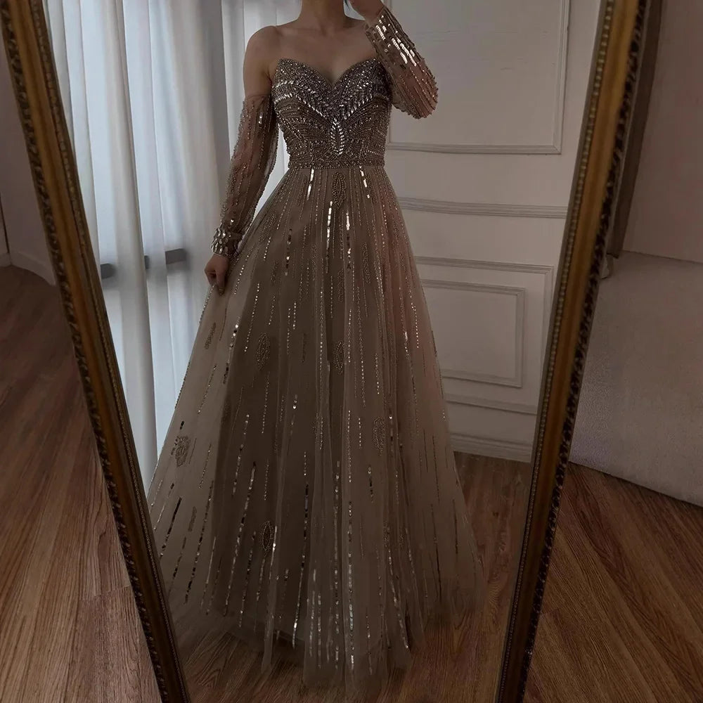 Luxury Caramel Crystal Beaded Strapless Long Sleeve Mermaid Evening Dress LA73130