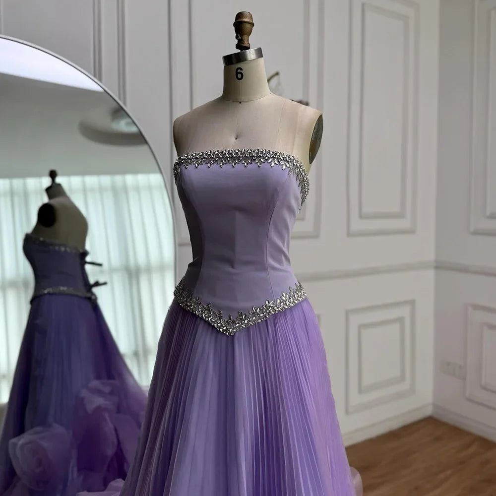 Luxury Lilac Strapless Beaded Evening Dress with Floral Train LA72913A