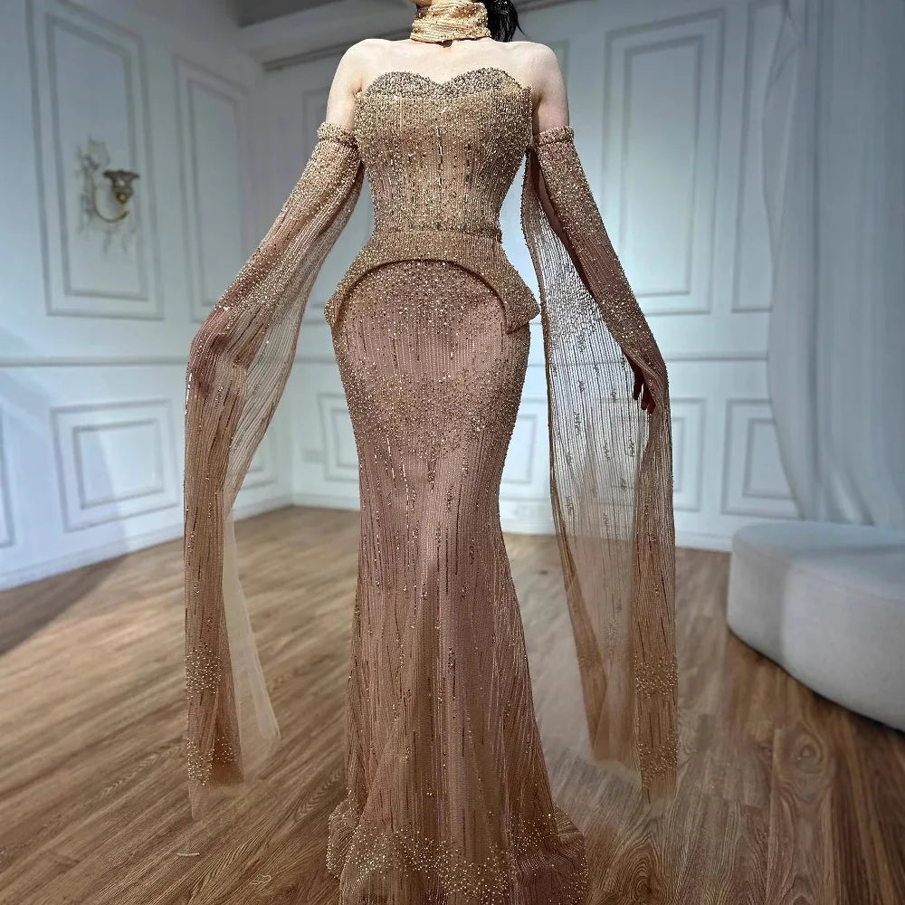 Luxury Gray Beaded Off-Shoulder Evening Dress with Cape Sleeves LA73076