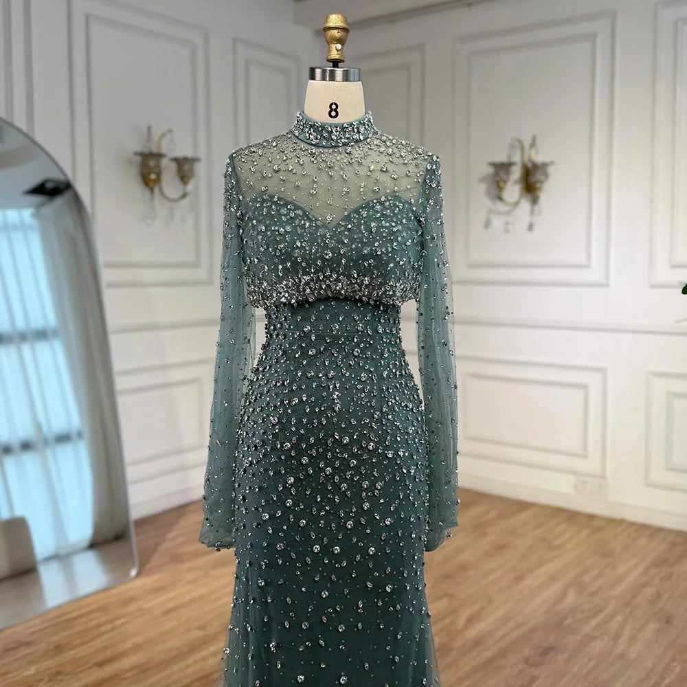 Luxury Turquoise Two Pieces Beaded Mermaid Evening Dress with Detachable Top LA73095
