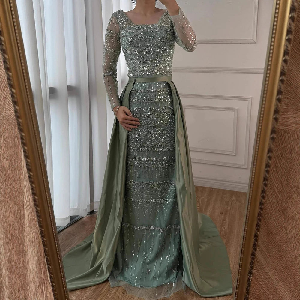 Luxury Dubai Arabic Sage Green Mermaid Evening Dress Gowns for Party LA72126A