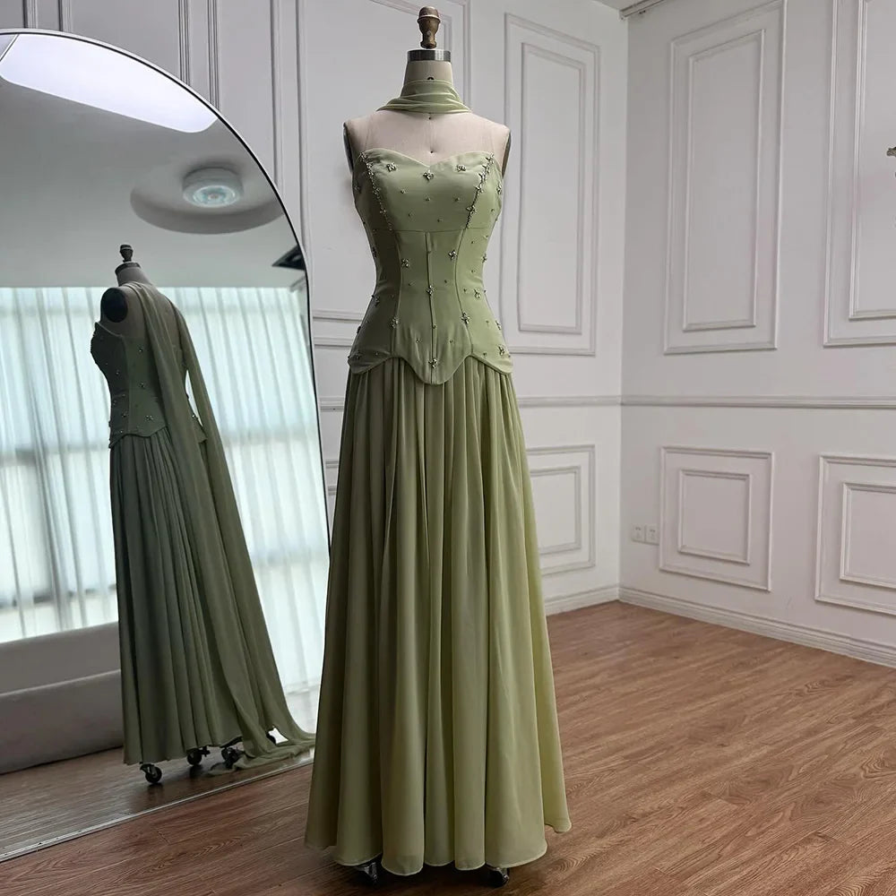 Classy Sage Green Strapless A-Line Chiffon Evening Dress LA73073